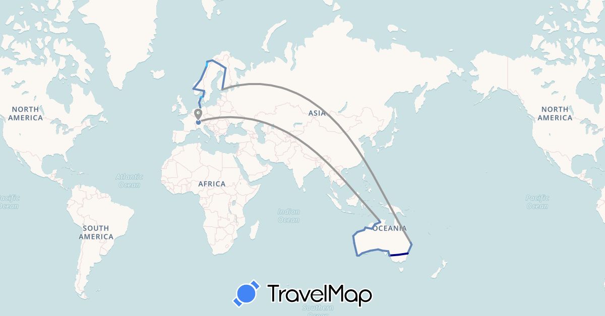TravelMap itinerary: driving, bus, plane, cycling, boat in Australia, Switzerland, Germany, Denmark, Finland, Norway, Sweden (Europe, Oceania)
