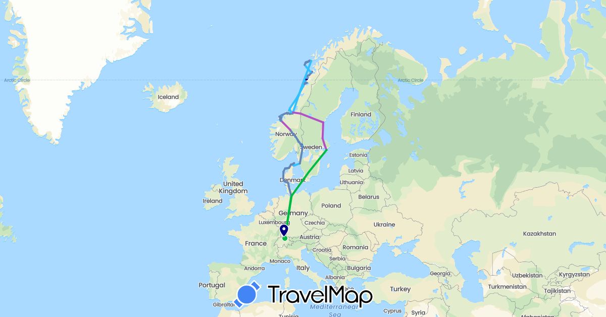 TravelMap itinerary: driving, bus, cycling, train, boat in Switzerland, Germany, Denmark, Norway, Sweden (Europe)